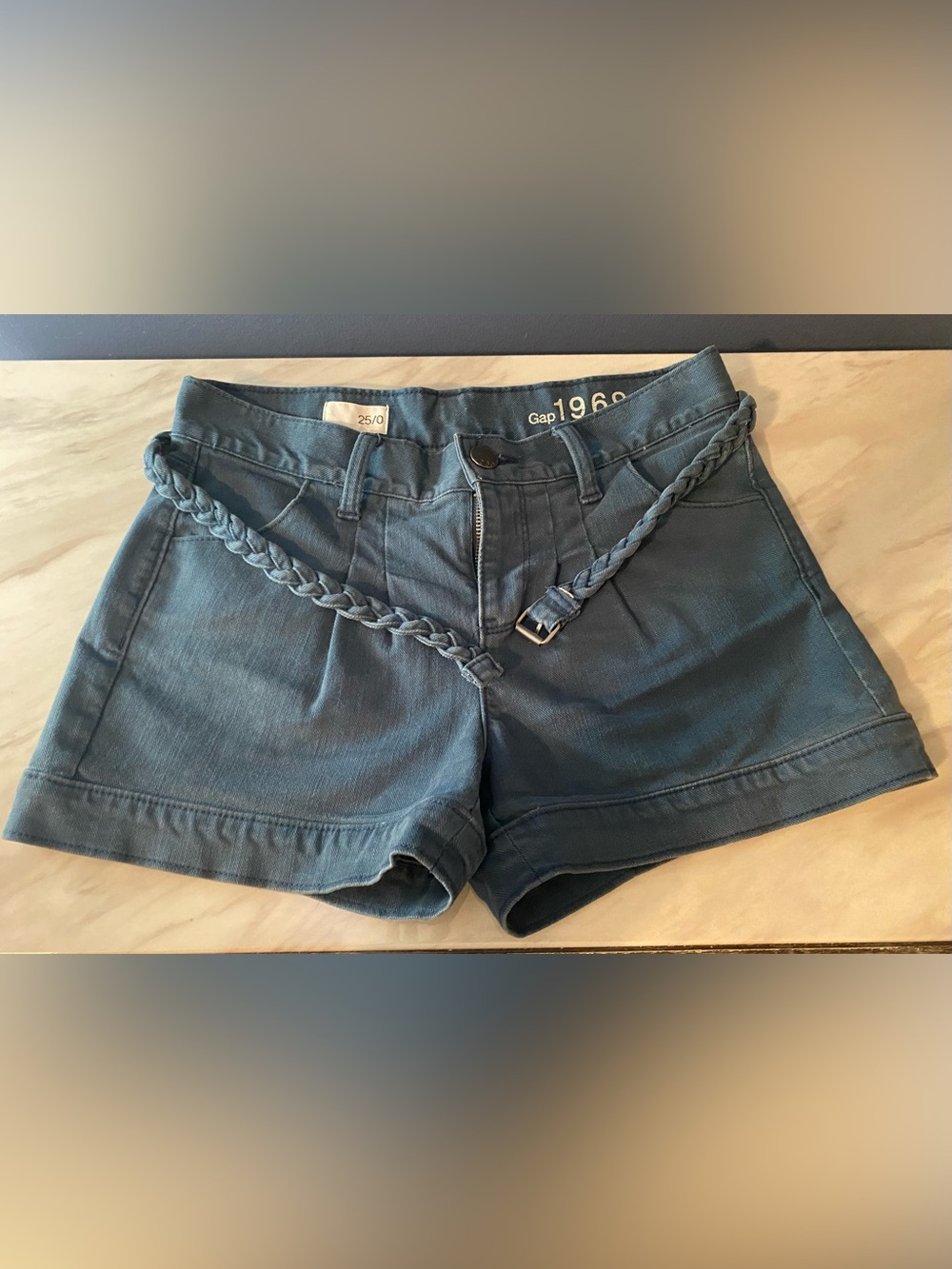 GAP Teal Braided-Belt Denim Shorts - Picture 1 of 7